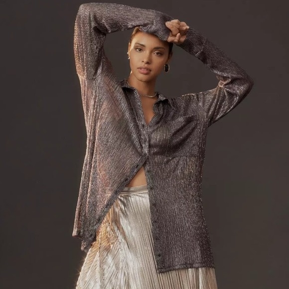 Anthropologie Pilcro Size 2X Metallic Buttondown Tunic Blouse Black Silver NWT - Picture 2 of 12